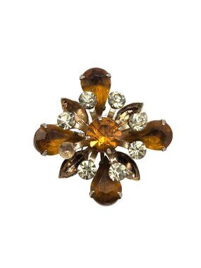 Vintage Coro Amber Rhinestone Brooch Floral Design Gold-Tone